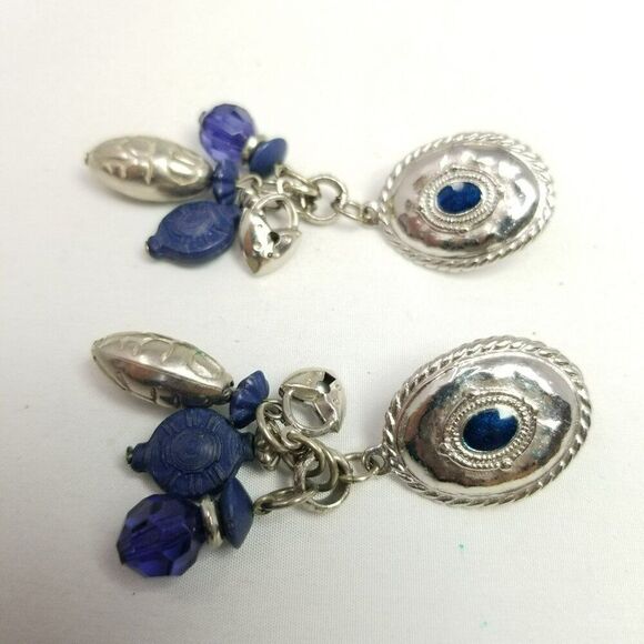 Vintage Blue and Silver Tone Dangle Stud Earrings, Western 80s Style, Estate - Picture 2 of 6
